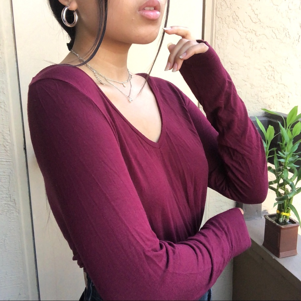 COTTON:On Maroon Open Neck Long Sleeve Top